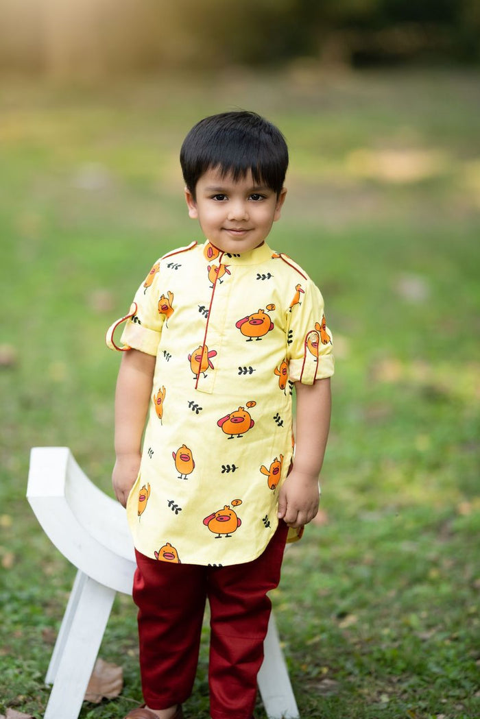 Yellow Chicken Print Kurta Set