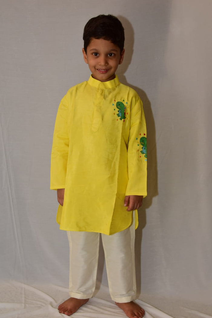 Yellow Dinosaur Embroidery Kurta Pant Set