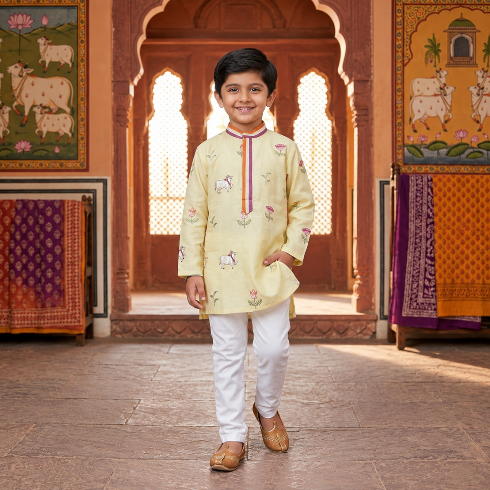 COW EMBROIDERED KURTA SET WITH ANCHORING ON BUTTON PLACKET AND COLLAR