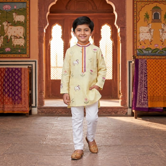 COW EMBROIDERED KURTA SET WITH ANCHORING ON BUTTON PLACKET AND COLLAR