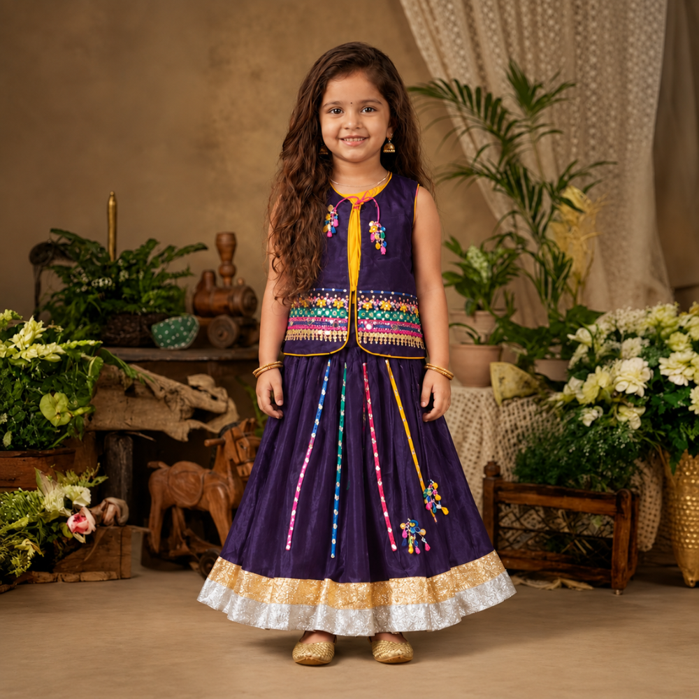 Purple Embroidered Jacket With Inner And Colourful Lace Lehenga