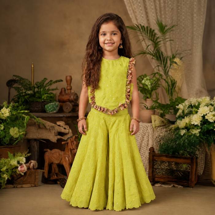 LIME GREEN FOIL WORK TOP AND PALAZZO WITH TASSEL DETAILING ON TOP