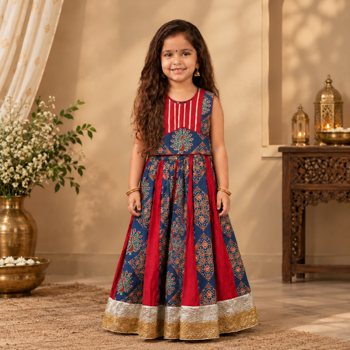 MAROON AN BLUE KALI LEHENGA WITH TOP WITH GHUNGHROO  DETAILING AND GOTA PATTI WORK