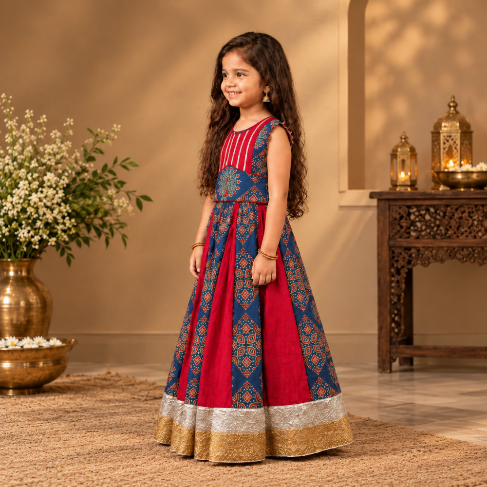 MAROON AN BLUE KALI LEHENGA WITH TOP WITH GHUNGHROO  DETAILING AND GOTA PATTI WORK