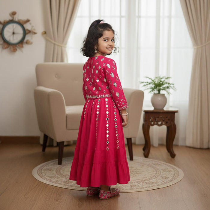 Hot Pink Mirror Embroidered Top With Lehenga Set