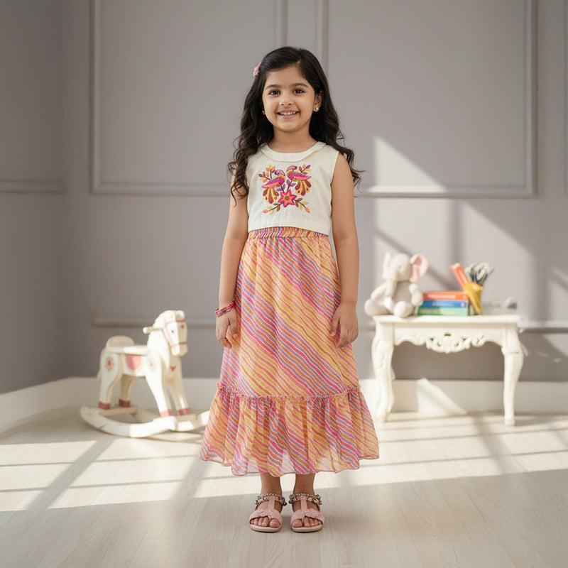 Off White Embroidered Top With Leheriya Printed Skirt