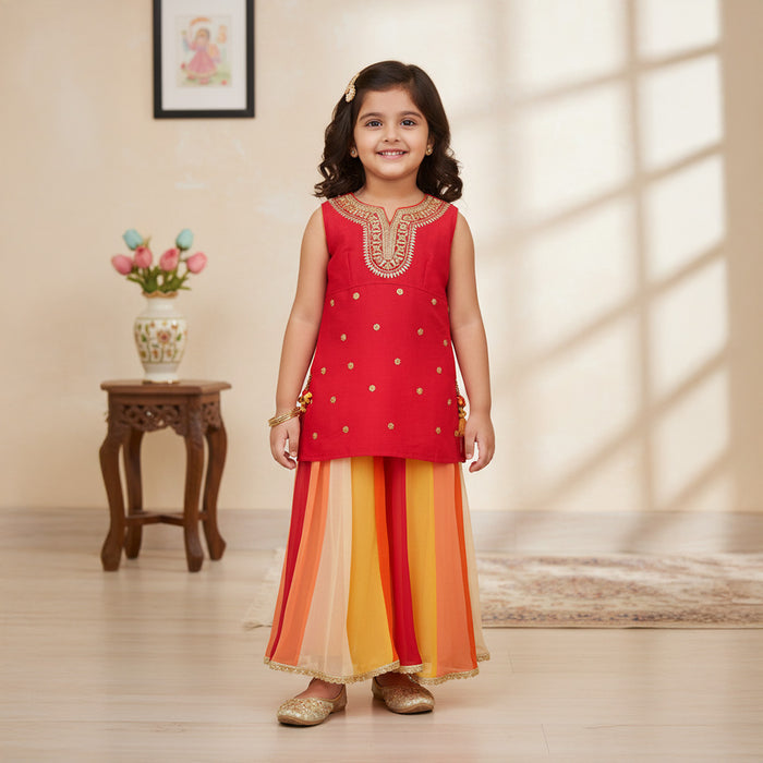Red Embroidered Kurti With Multicolour Palazzo