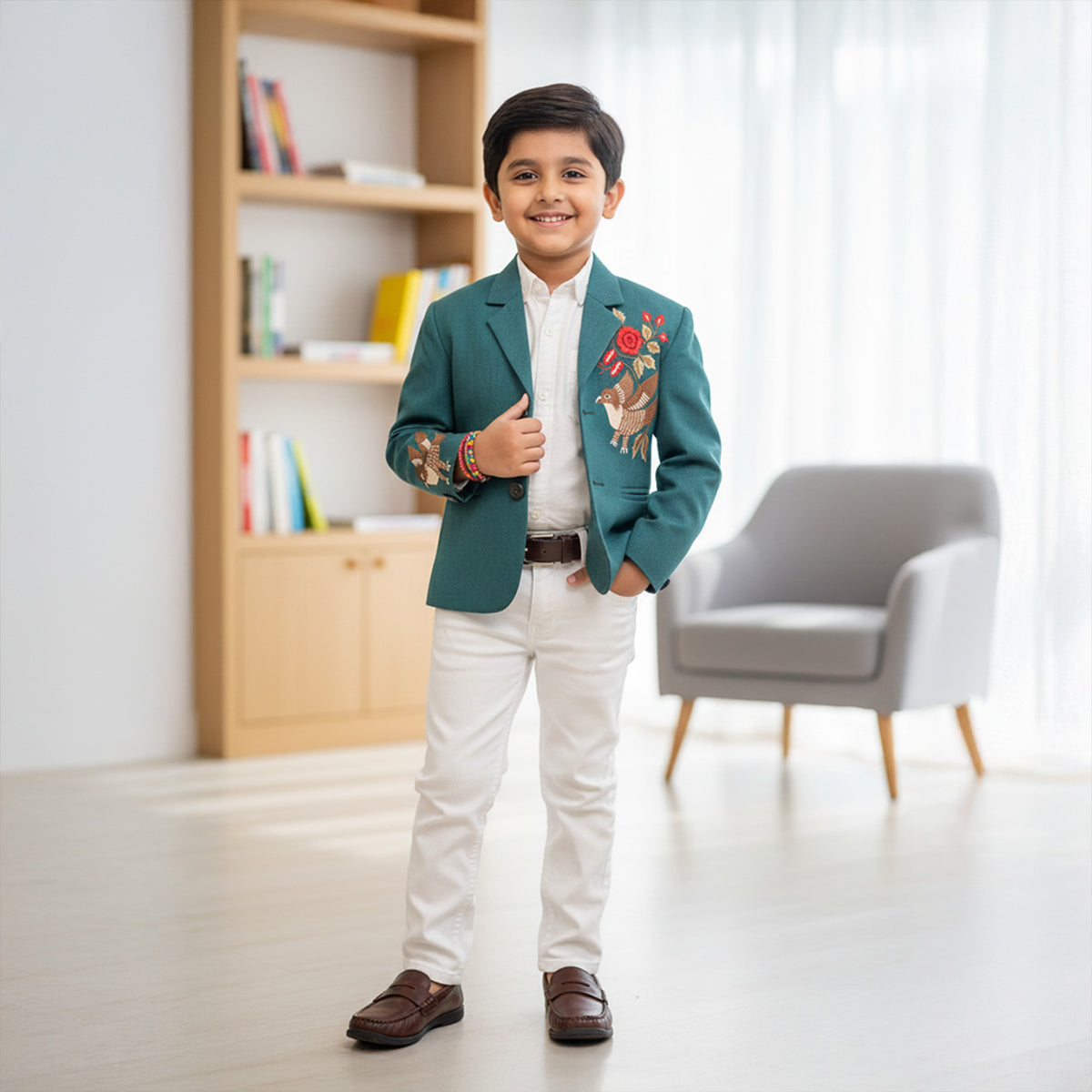 Sea Green Eagle Embroidered Blazer