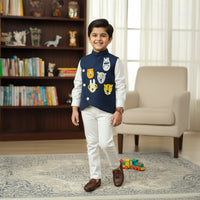 White Shirt With Blue Animal Embroidery Waist Coat