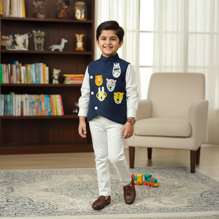 White Shirt With Blue Animal Embroidery Waist Coat