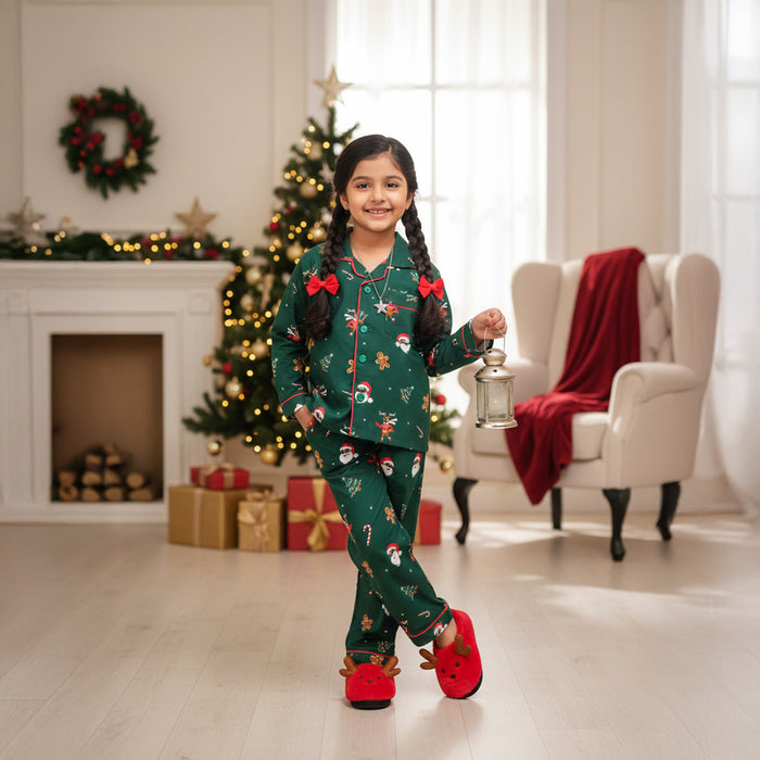 Green Santa Print Night Suit