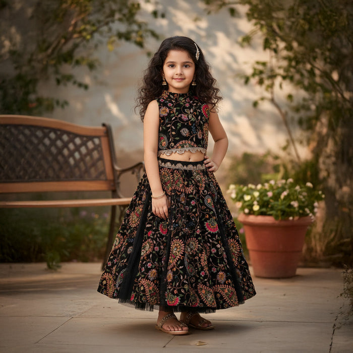 Black Embroidered Fabric Top Lehenga