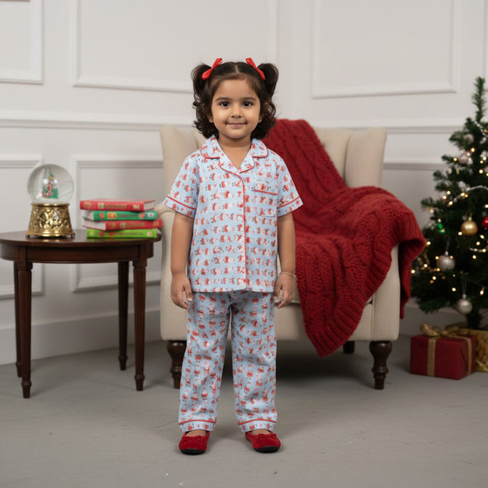 Sky Blue Santa Print Night Suit