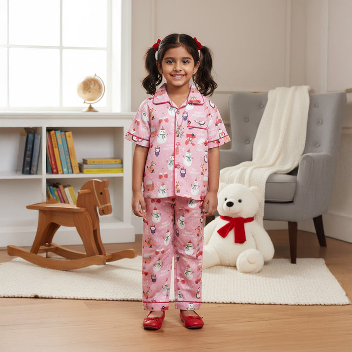 Pink Snowman Print Night Suit