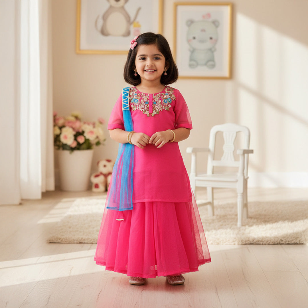 Pink Embroidered Organza Kurti With Lehenga Set