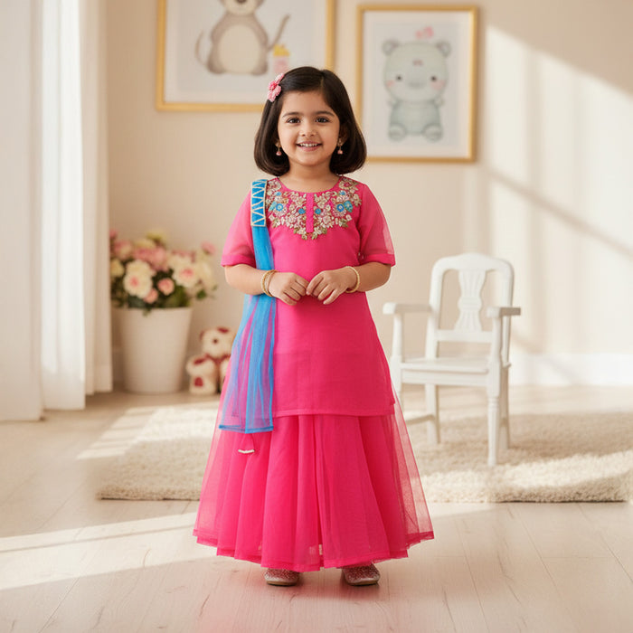 Pink Embroidered Organza Kurti With Lehenga Set