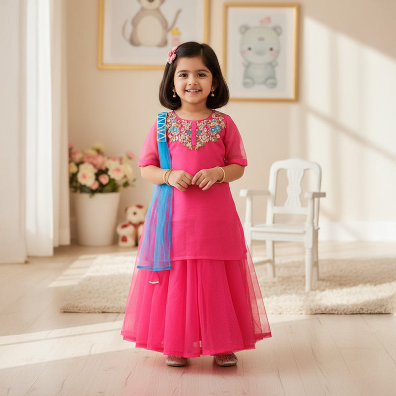 Pink Embroidered Organza Kurti With Lehenga Set