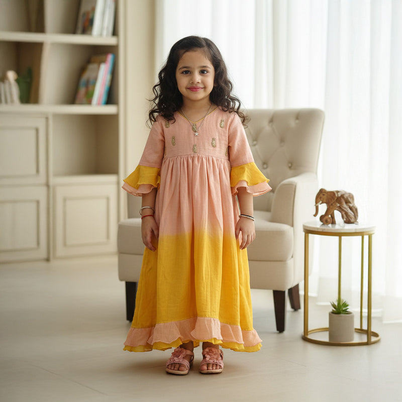 Peach Yellow Shaded Anarkali With Hand Embroidered Buti