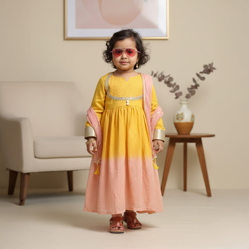 Yellow Peach Shaded Anarkali With Dupatta