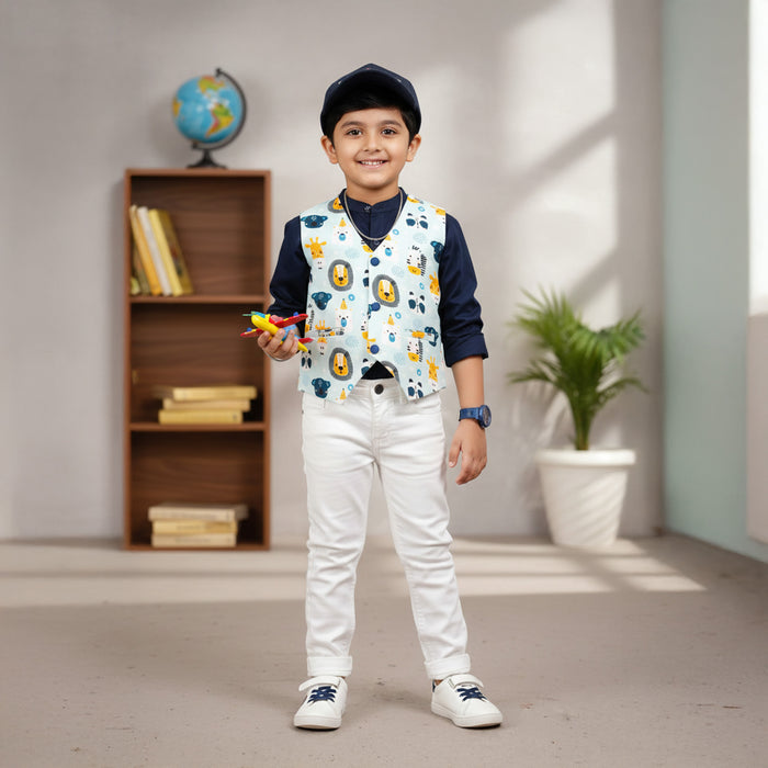 Blue Shirt With Animal Print Waistcoat Set