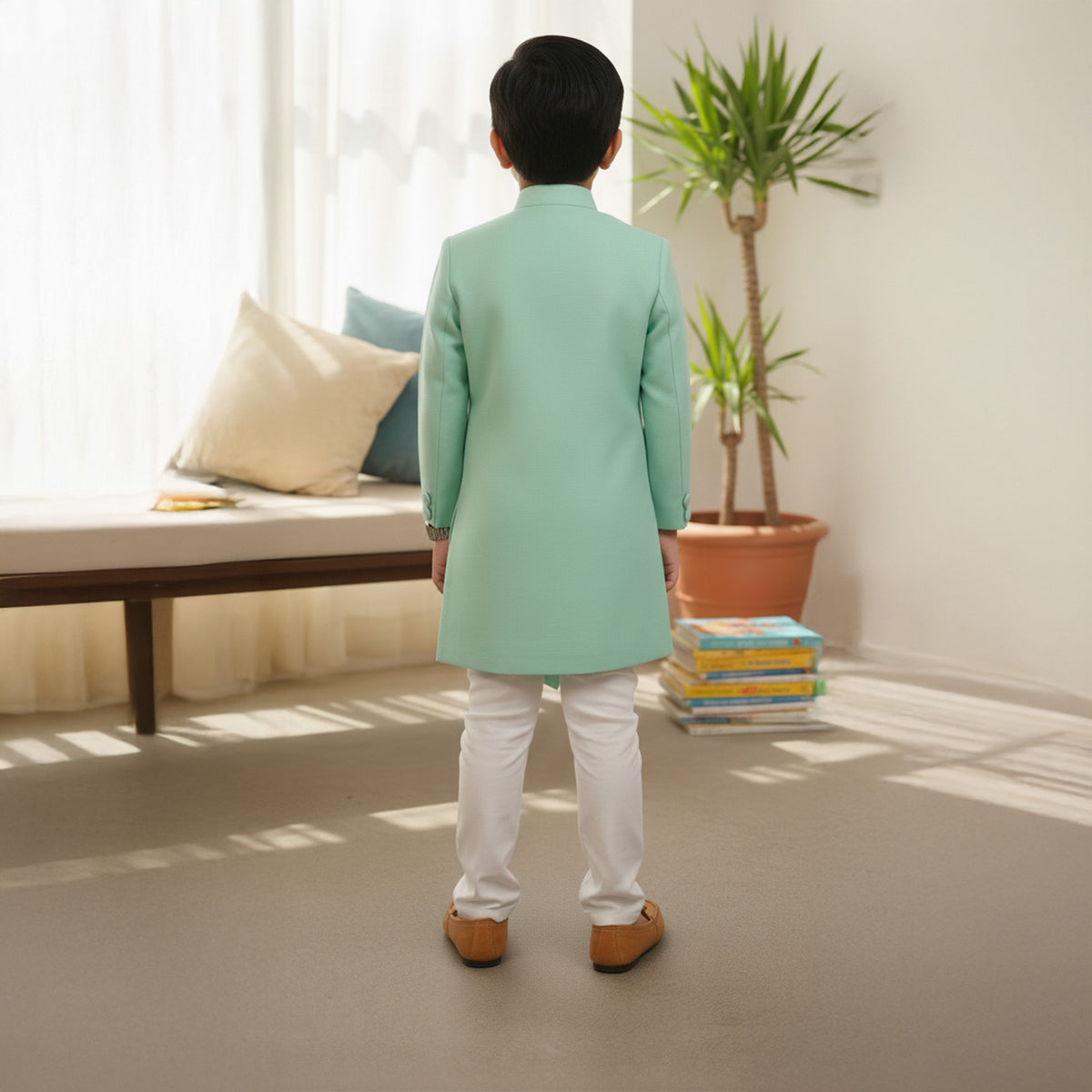 Light Green Sherwani Deer Embroidery Set