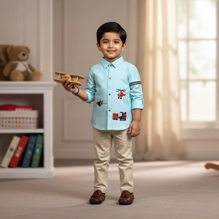 Blue Shirt With Helicopter Embroidery