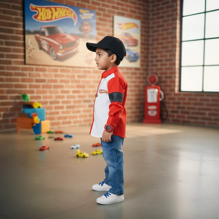 Red and White Hot Wheel Themed Shirt