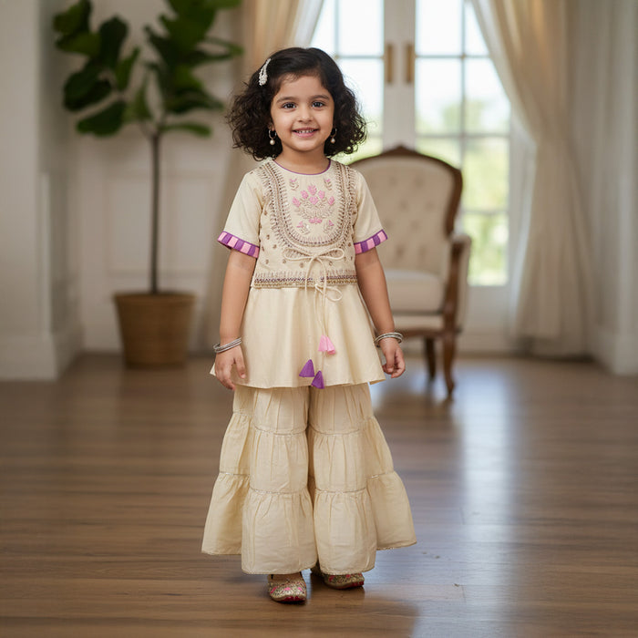 Off White Embroidered Cotton Kurti With Sharara