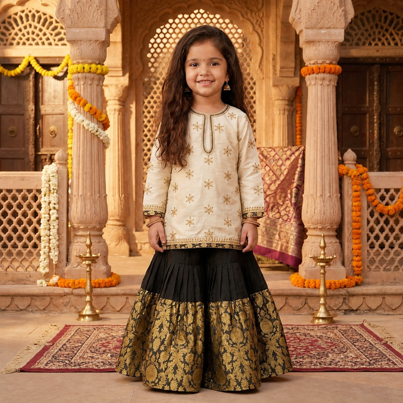Cream & Black Embroidered Festive Sharara Set