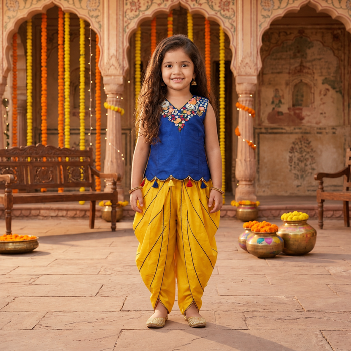 Blue Hand Embroidered V Neck Kurti With Tassel Detailing On The Bottom Hem with Dhoti Pants