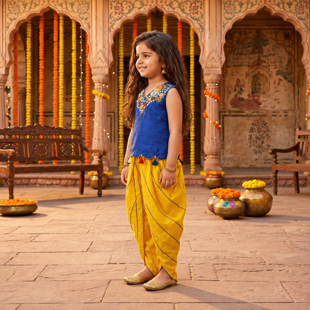 Blue Hand Embroidered V Neck Kurti With Tassel Detailing On The Bottom Hem with Dhoti Pants
