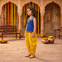 Blue Hand Embroidered V Neck Kurti With Tassel Detailing On The Bottom Hem with Dhoti Pants