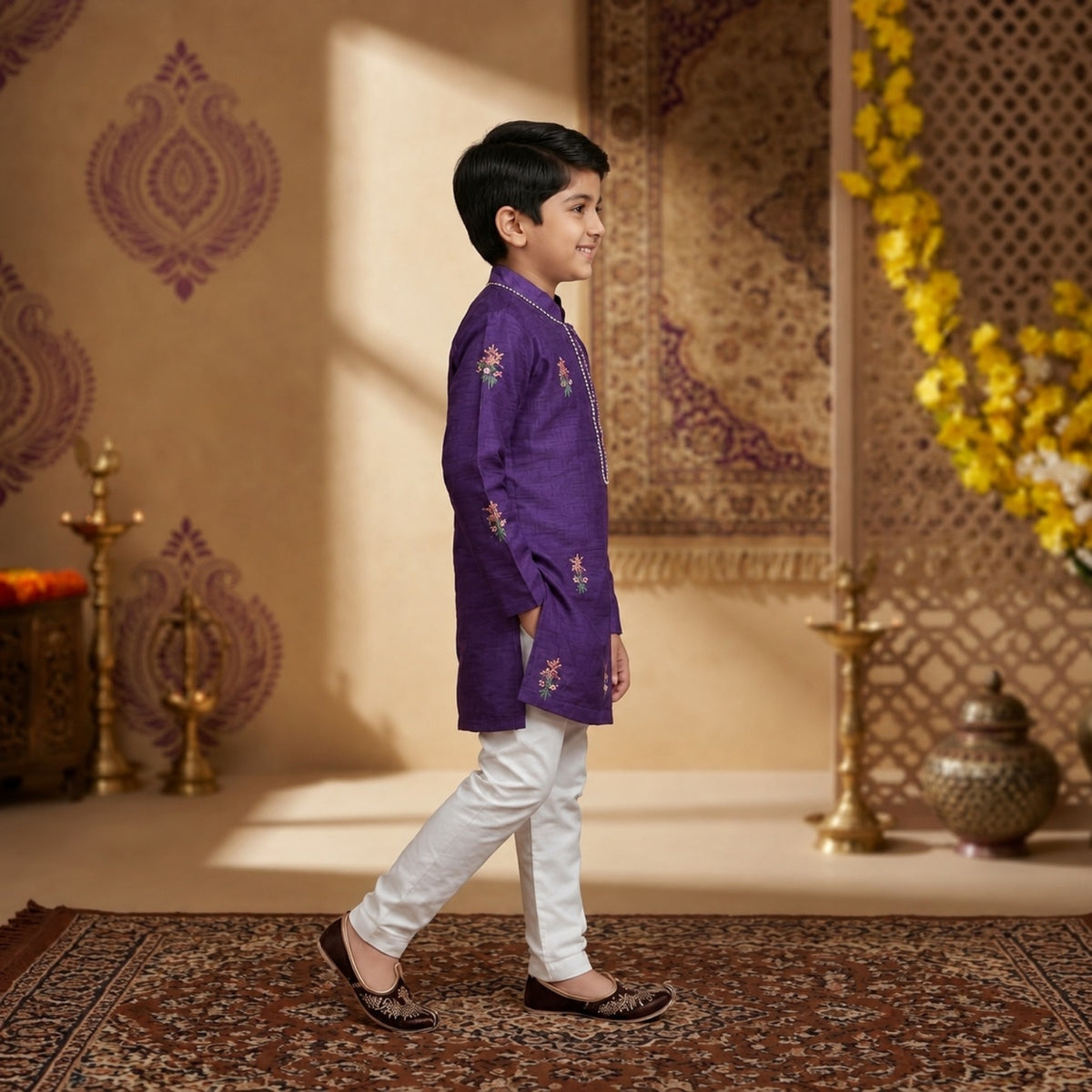 Purple Embroidered Kurta Set With Pearl Detailing On Button Patti