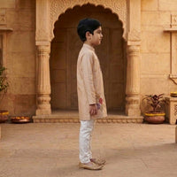 Boys' Embroidered Asymmetrical Beige Kurta with White Churidar Set