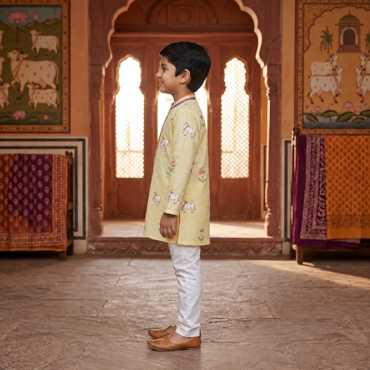 COW EMBROIDERED KURTA SET WITH ANCHORING ON BUTTON PLACKET AND COLLAR