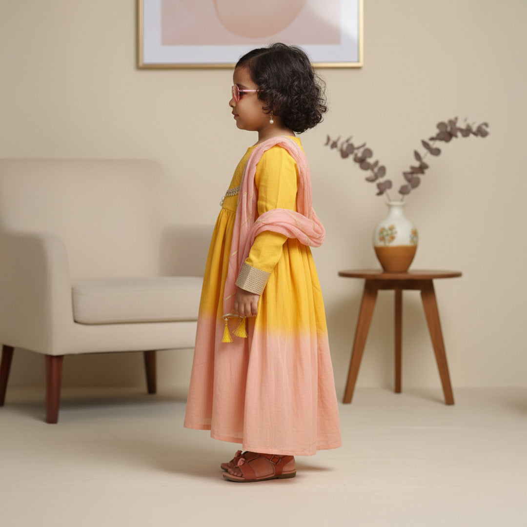 Yellow Peach Shaded Anarkali With Dupatta