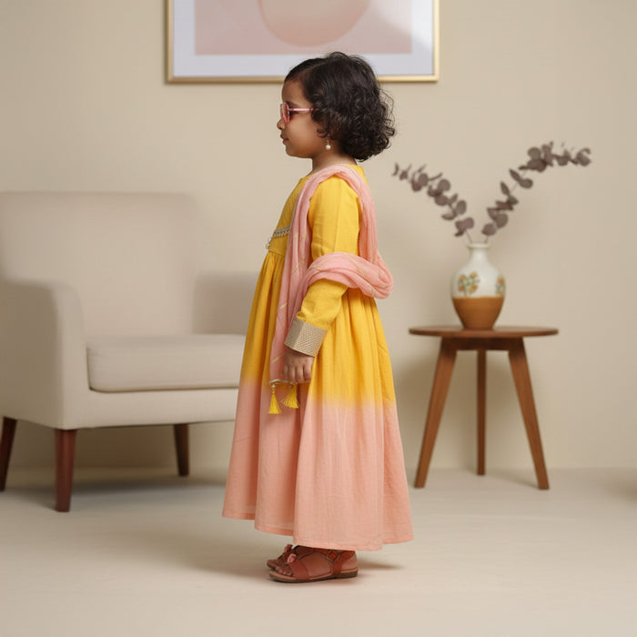 Yellow Peach Shaded Anarkali With Dupatta