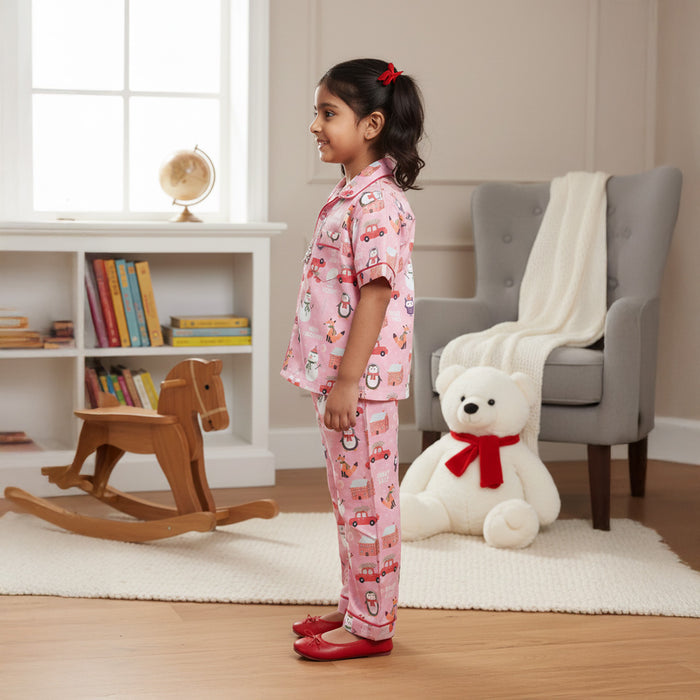 Pink Snowman Print Night Suit