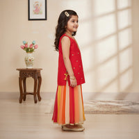 Red Embroidered Kurti With Multicolour Palazzo