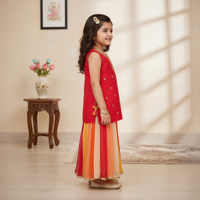 Red Embroidered Kurti With Multicolour Palazzo