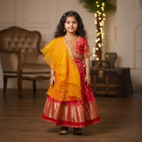 Red Bandhej Embroidery Top and Lehenga With Frill Dupatta