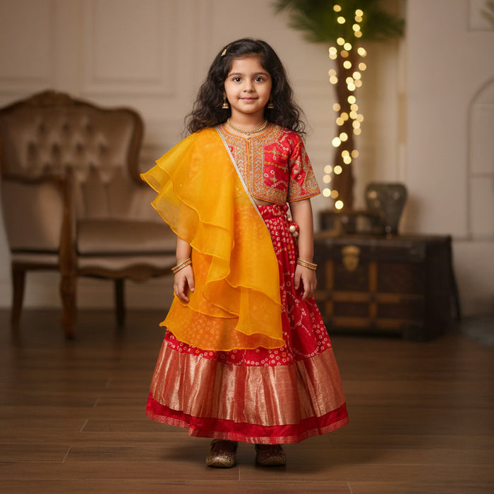 Red Bandhej Embroidery Top and Lehenga With Frill Dupatta