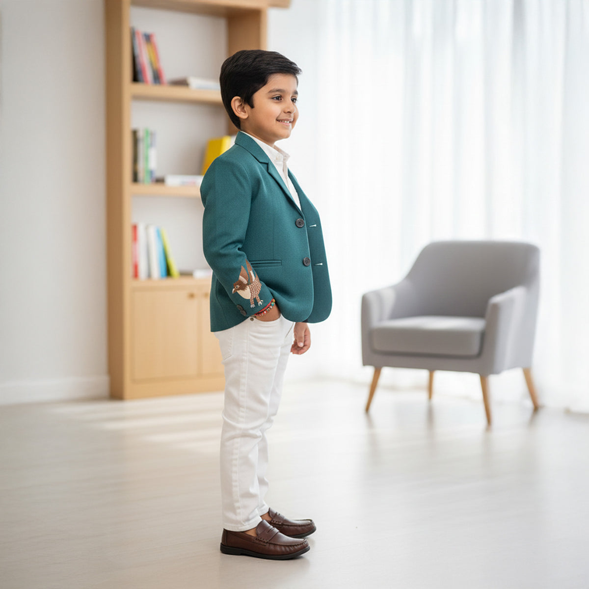Sea Green Eagle Embroidered Blazer