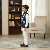 White Shirt With Blue Animal Embroidery Waist Coat