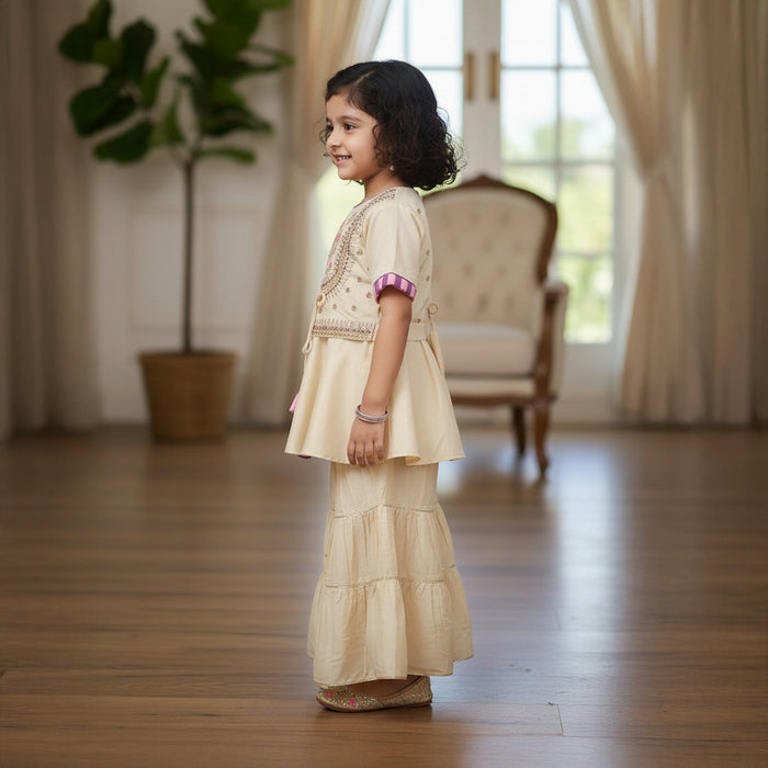 Off White Embroidered Cotton Kurti With Sharara