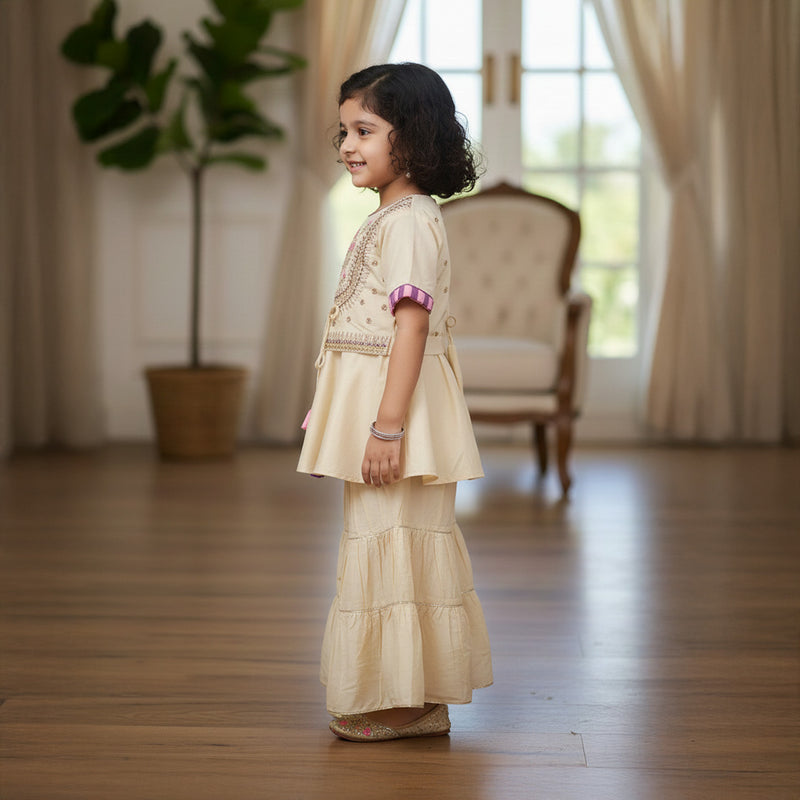 Off White Embroidered Cotton Kurti With Sharara