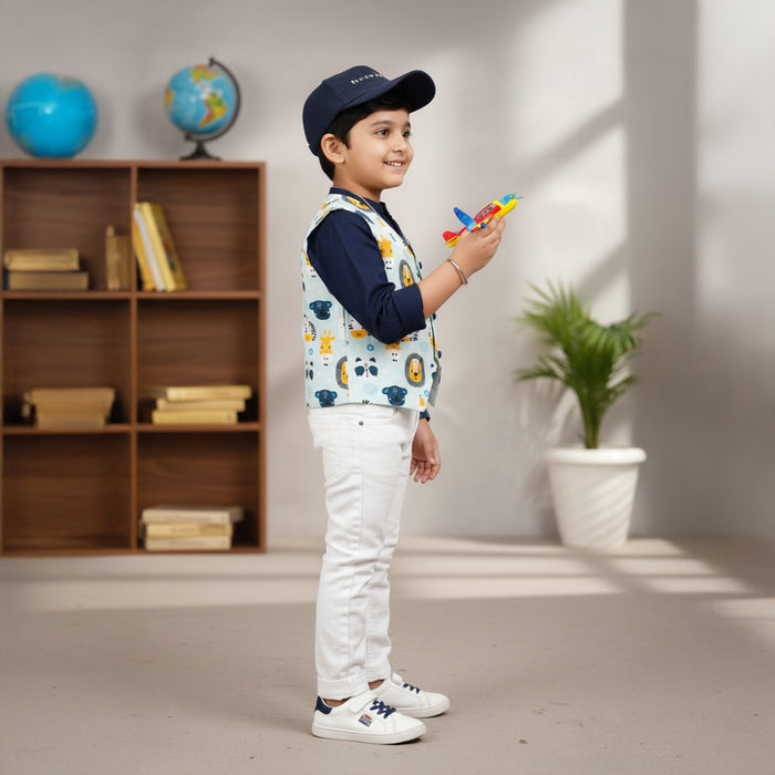 Blue Shirt With Animal Print Waistcoat Set