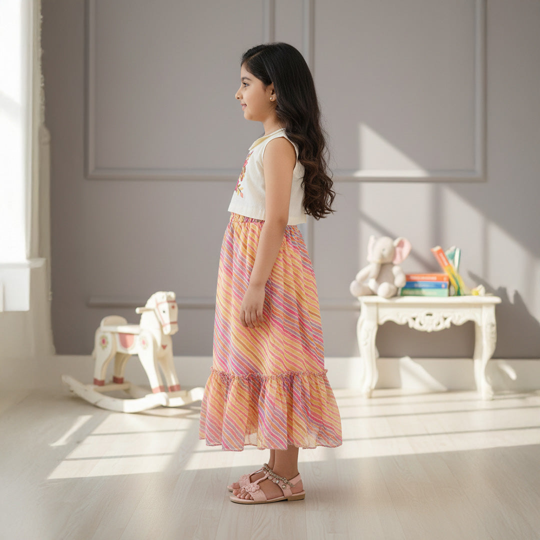 Off White Embroidered Top With Leheriya Printed Skirt