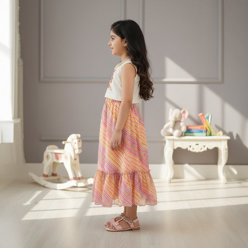 Off White Embroidered Top With Leheriya Printed Skirt