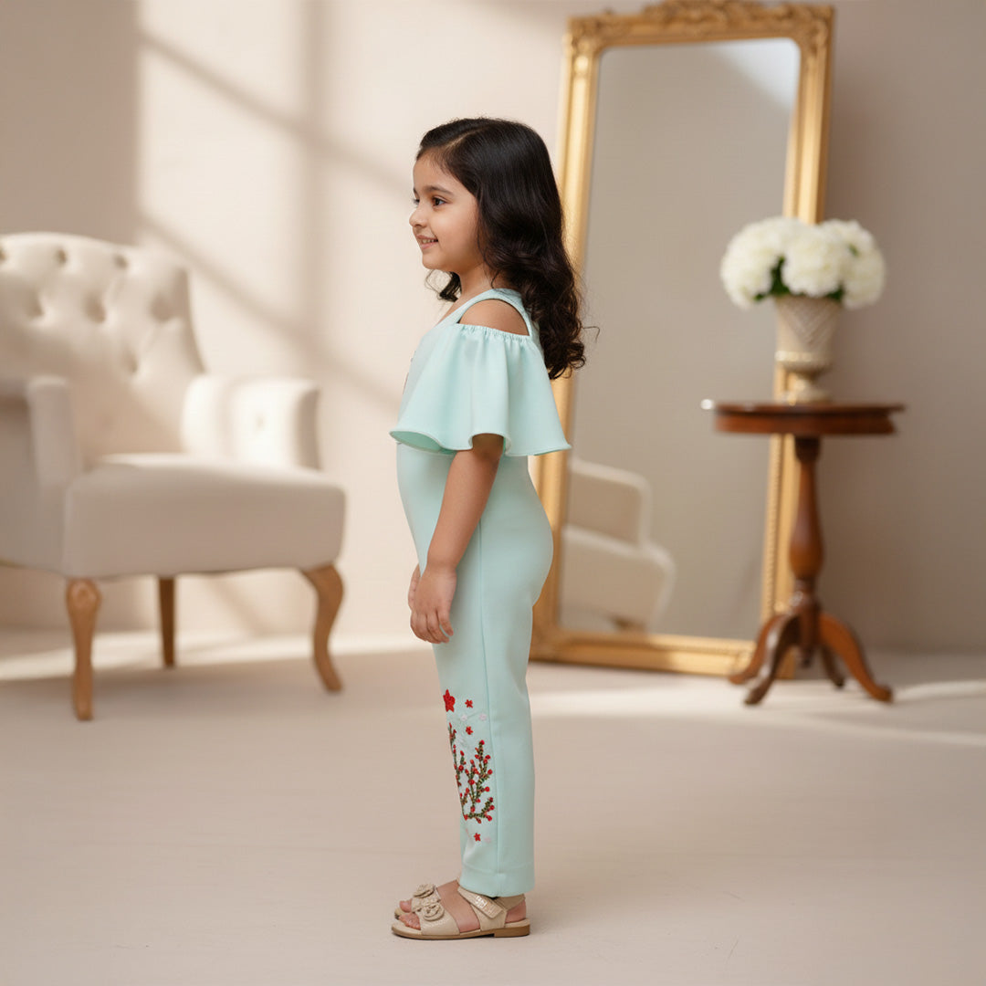 Mint Blue Colour Jumpsuit With Underwater Theme Embroidery